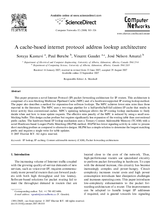 (PDF) A cache-based internet protocol address lookup architecture