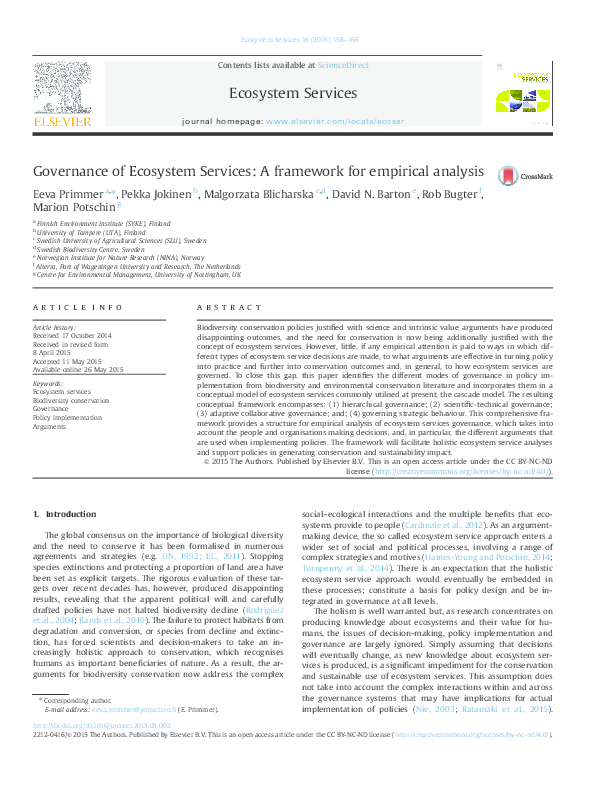 (PDF) Governance of Ecosystem Services: A framework for empirical analysis