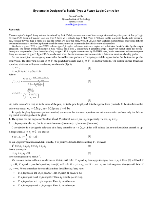 (PDF) Systematic design of a stable type-2 fuzzy logic controller