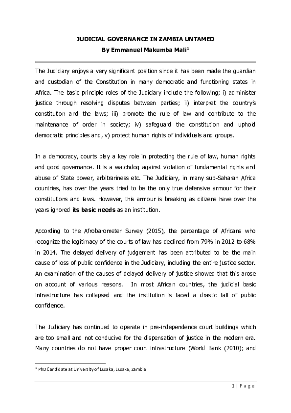 (PDF) JUDICIAL GOVERNANCE IN ZAMBIA UNTAMED Emmanuel M Mali