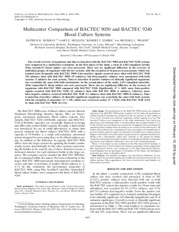 (PDF) Multicenter comparison of BACTEC 9050 and BACTEC 9240 blood