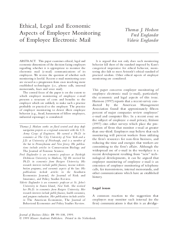 (PDF) Ethical, legal and economic aspects of employer monitoring of ...