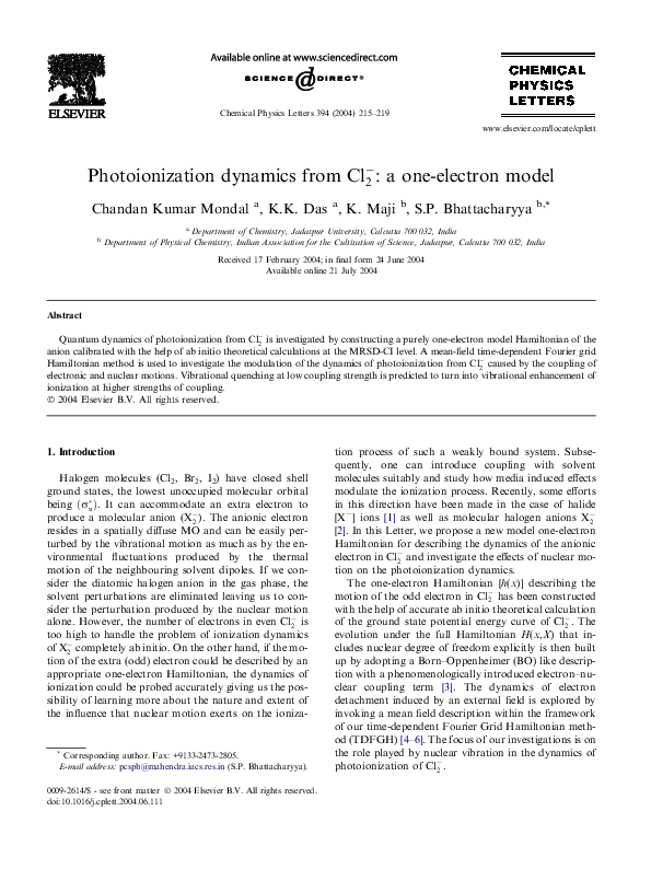 (PDF) Photoionization dynamics from Cl 2 - : a one-electron model
