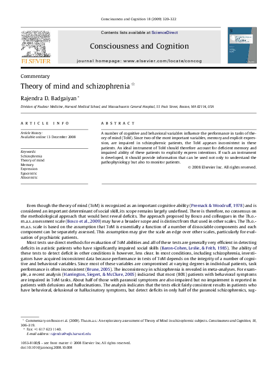 (PDF) Theory of mind and schizophrenia