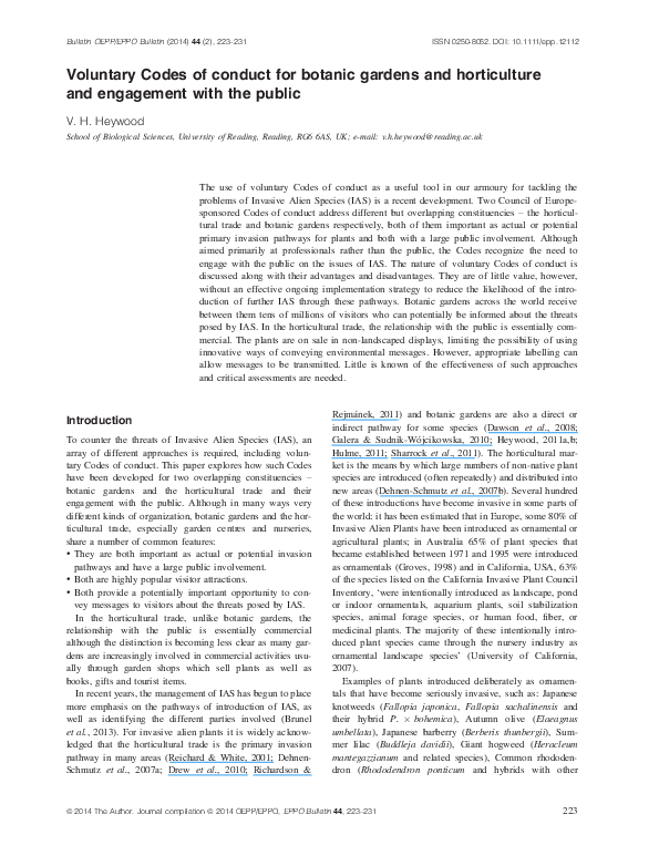(PDF) Voluntary Codes of conduct for botanic gardens and horticulture