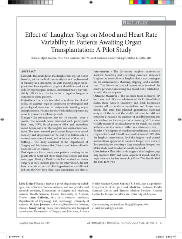 (PDF) Effect of laughter yoga on mood and heart rate variability in ...
