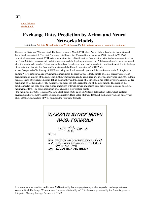 (PDF) Exchange rates prediction by ARIMA and neural networks models