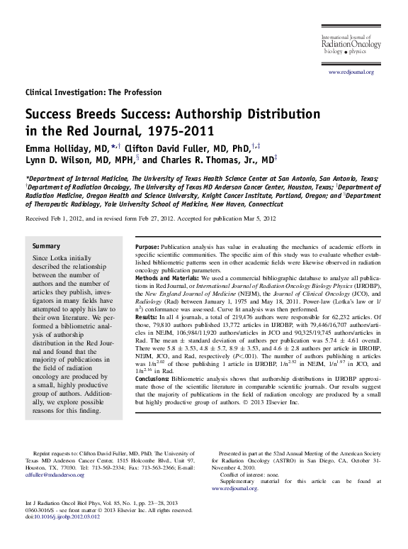 (PDF) Success Breeds Success Authorship Distribution in the Red