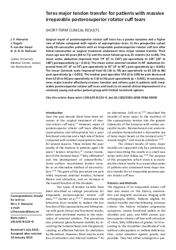 (PDF) Teres major tendon transfer for patients with massive irreparable ...