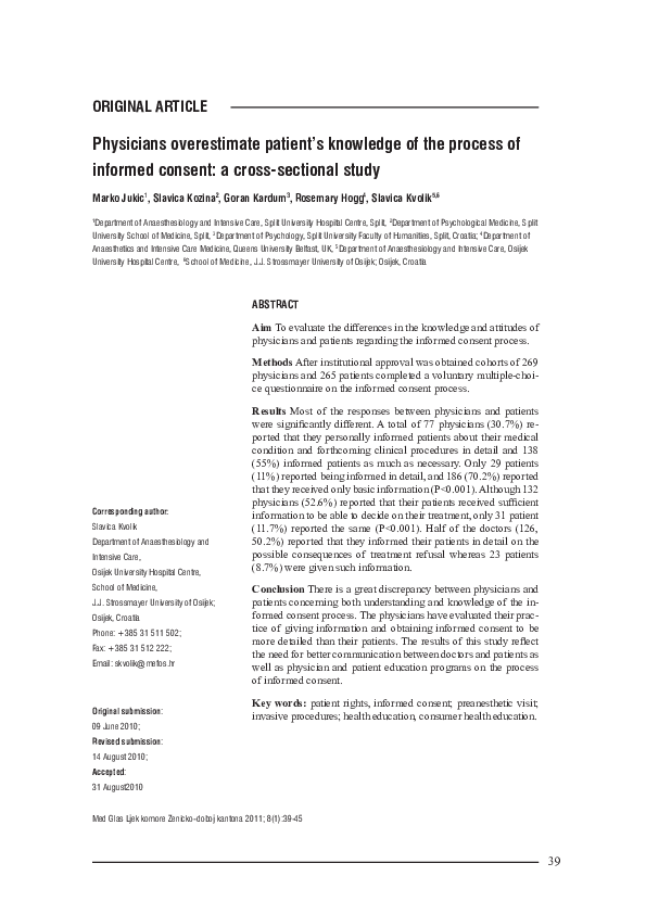  PDF Physicians Overestimate Patient s Knowledge Of The Process Of 
