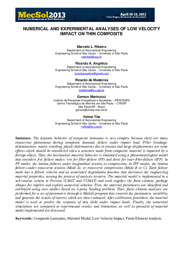 (PDF) Numerical and Experimental Analyses of Low Velocity Impact on ...