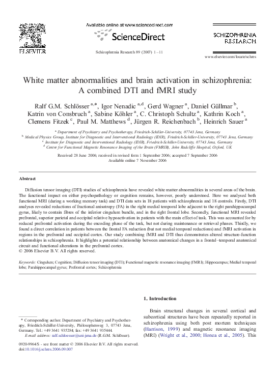 (PDF) White matter abnormalities and brain activation in schizophrenia ...