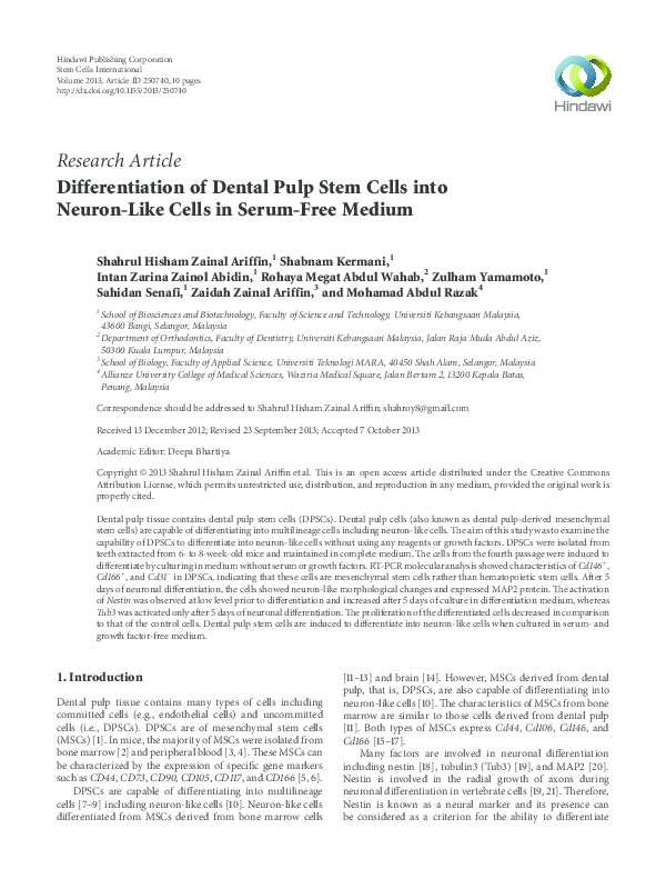 (PDF) Differentiation of Dental Pulp Stem Cells into Islet-like Aggregates