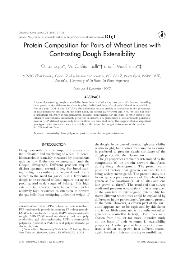 (PDF) Protein Composition for Pairs of Wheat Lines with Contrasting Dough Extensibility Finlay