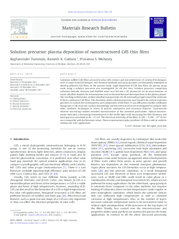 (PDF) Solution precursor plasma deposition of nanostructured ZnO coatings