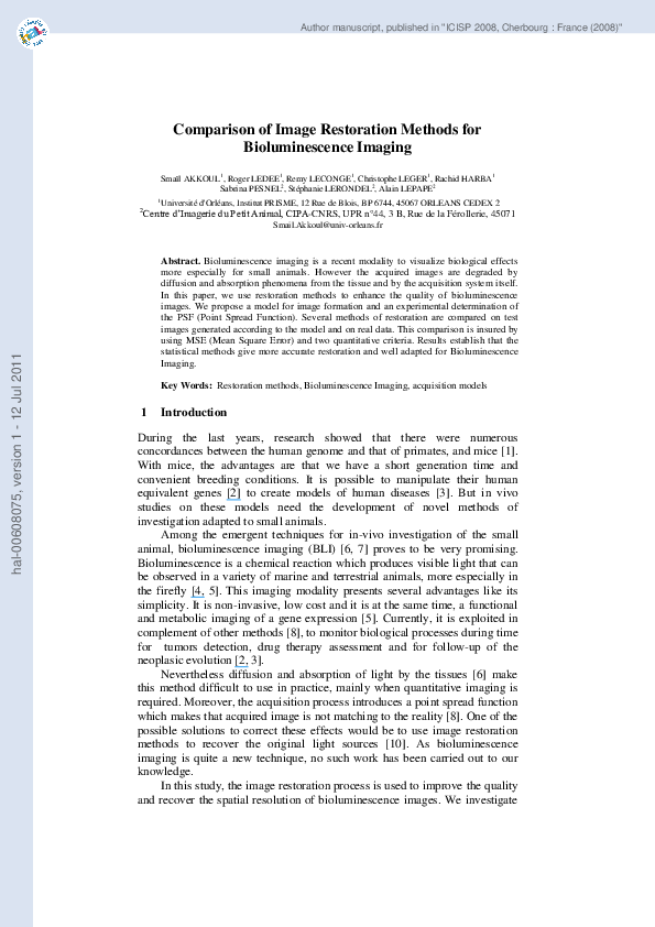 (PDF) Comparison of Image Restoration Methods for Bioluminescence Imaging