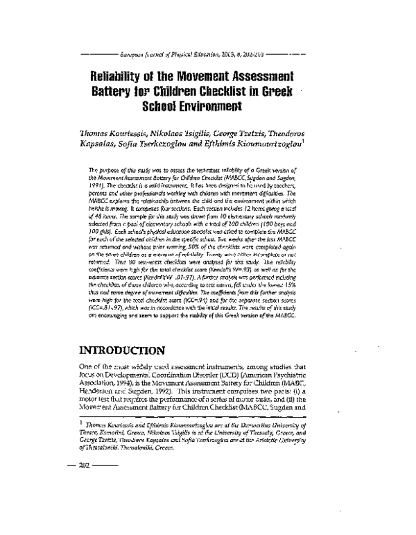(PDF) Reliability of the Movement Assessment Battery for Children ...