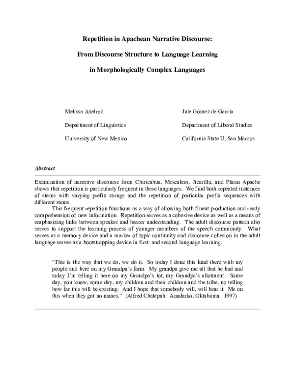 (PDF) Repetition in Apachean Narrative Discourse: From Discourse ...