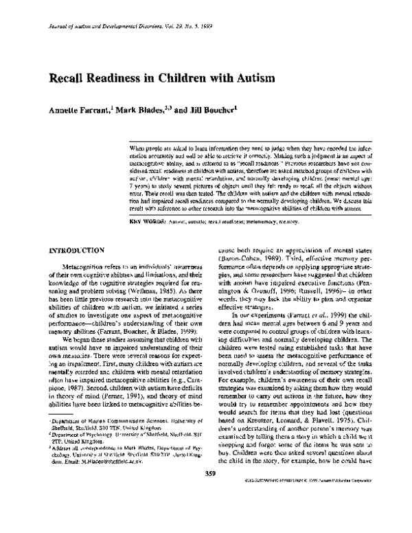 (PDF) Recall Readiness in Children with Autism