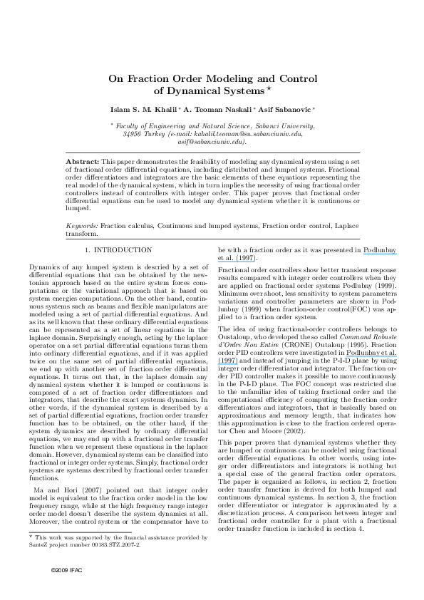(PDF) On Fraction Order Modeling and Control of Dynamical Systems