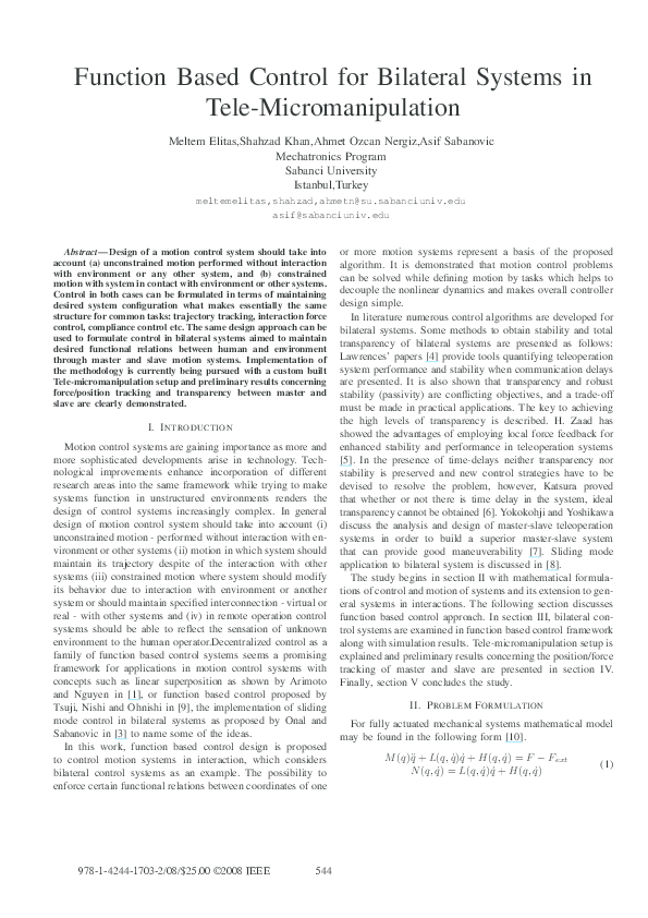 (PDF) Function based control for bilateral systems in tele