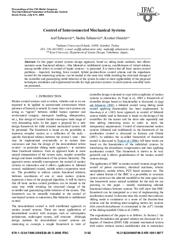 (PDF) Control of Interconnected Mechanical Systems Asif Sabanovic
