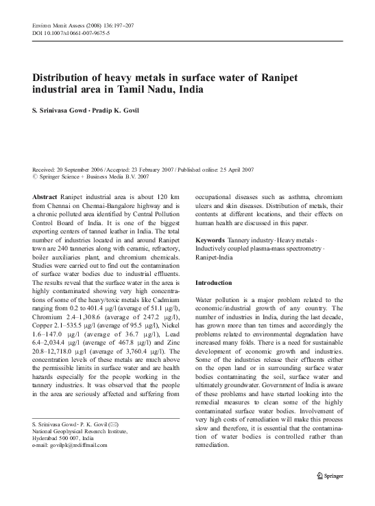 (PDF) Distribution of heavy metals in surface water of Ranipet ...