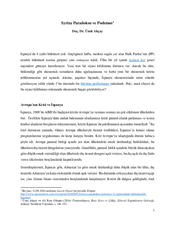 First page of “Syriza Paradoksu ve Podemos”