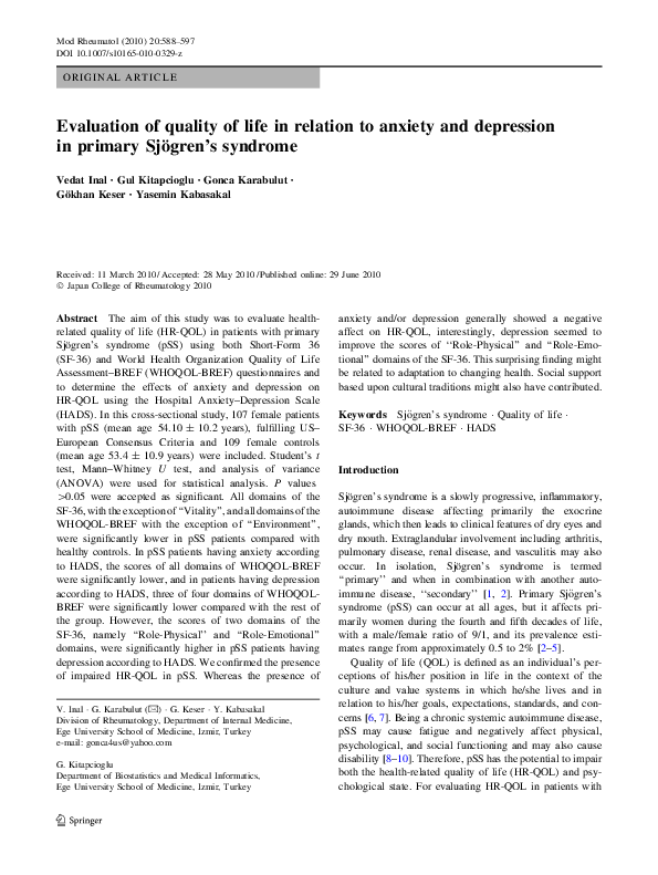 (PDF) Evaluation of quality of life in relation to anxiety and ...
