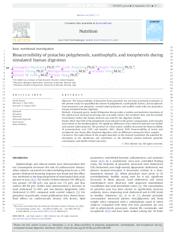 (PDF) Bioaccessibility of pistachio polyphenols, xanthophylls, and