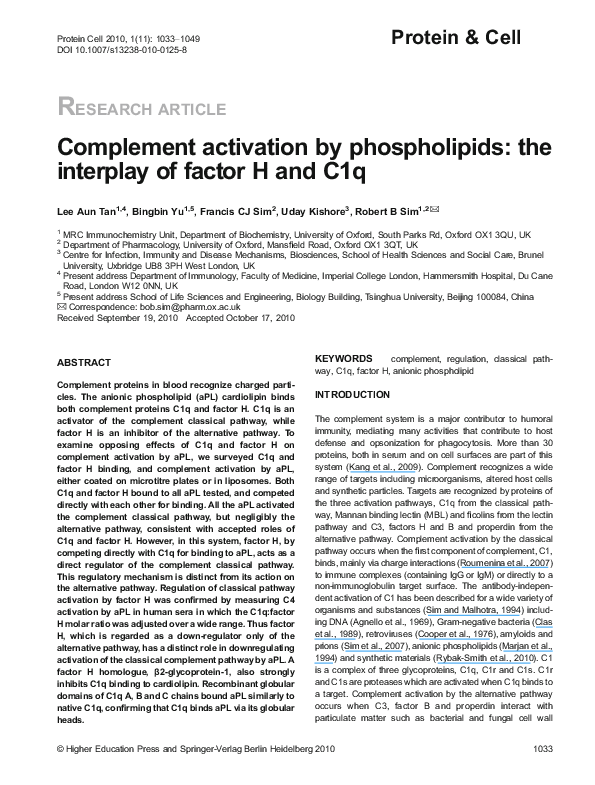 (PDF) Complement activation by phospholipids: the interplay of factor H ...