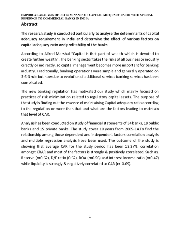 Pdf Empirical Analysis Of Determinants Of Capital Adequacy Ratio