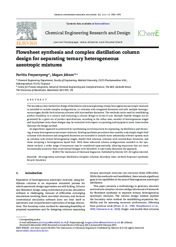 (PDF) Flowsheet synthesis and complex distillation column design for ...