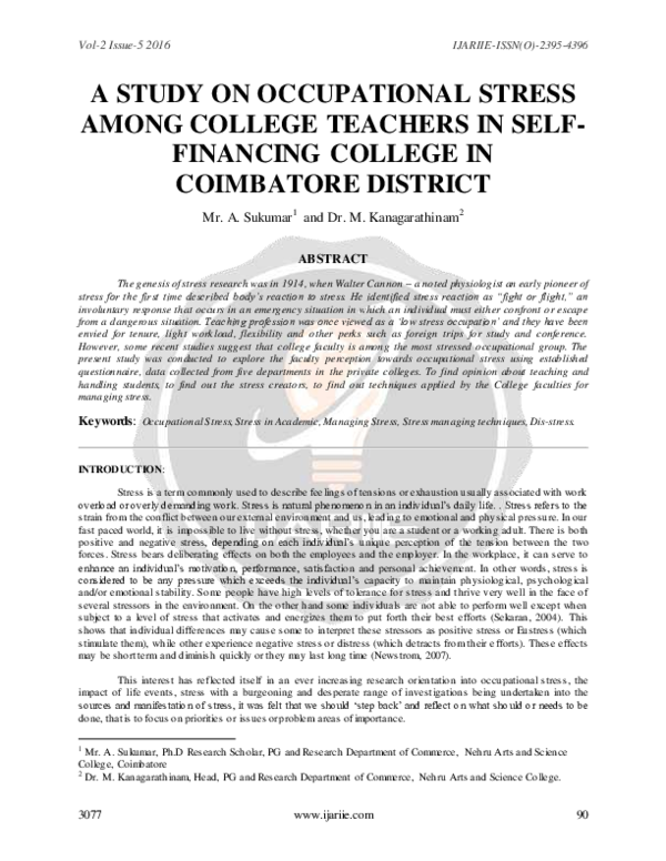 (PDF) A STUDY ON OCCUPATIONAL STRESS AMONG COLLEGE TEACHERS IN SELF ...