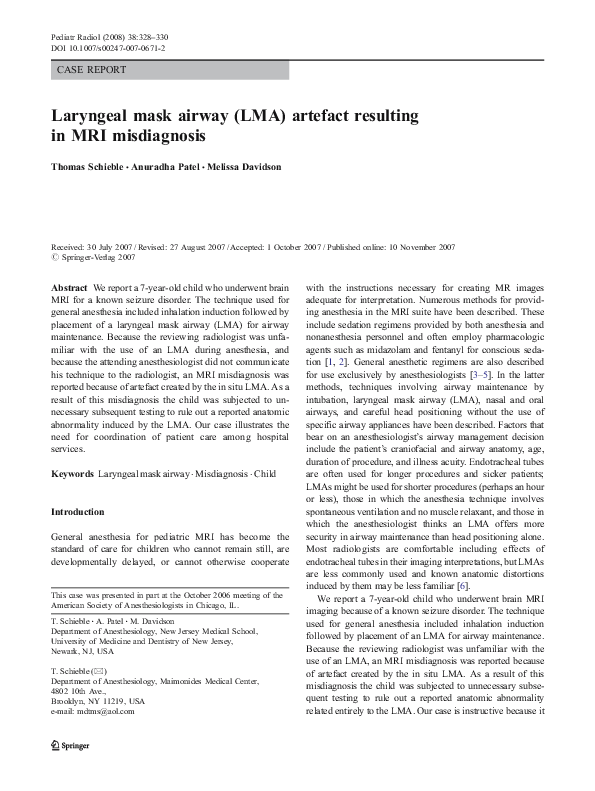 (PDF) Laryngeal mask airway (LMA) artefact resulting in MRI