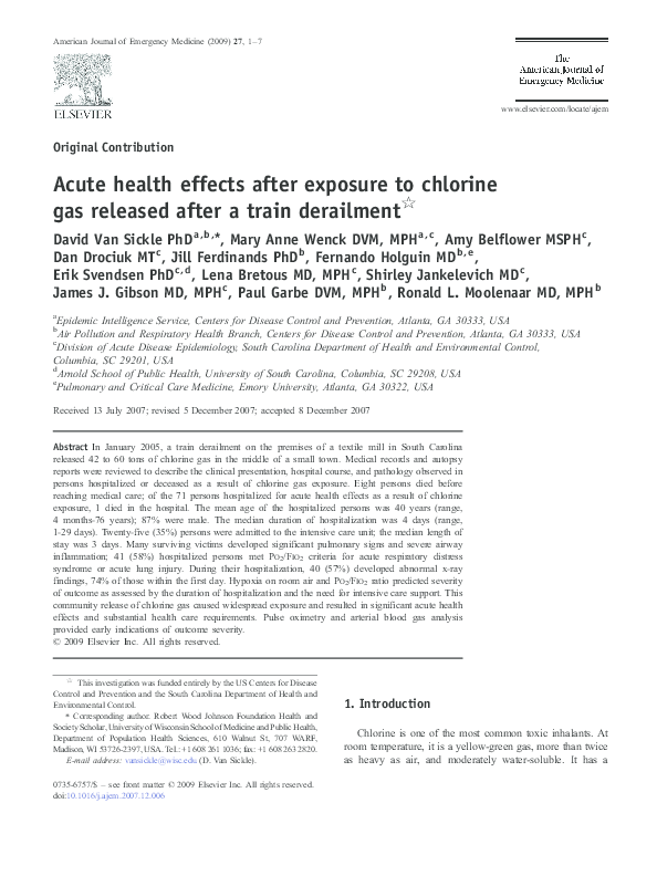 (PDF) Acute health effects after exposure to chlorine gas released