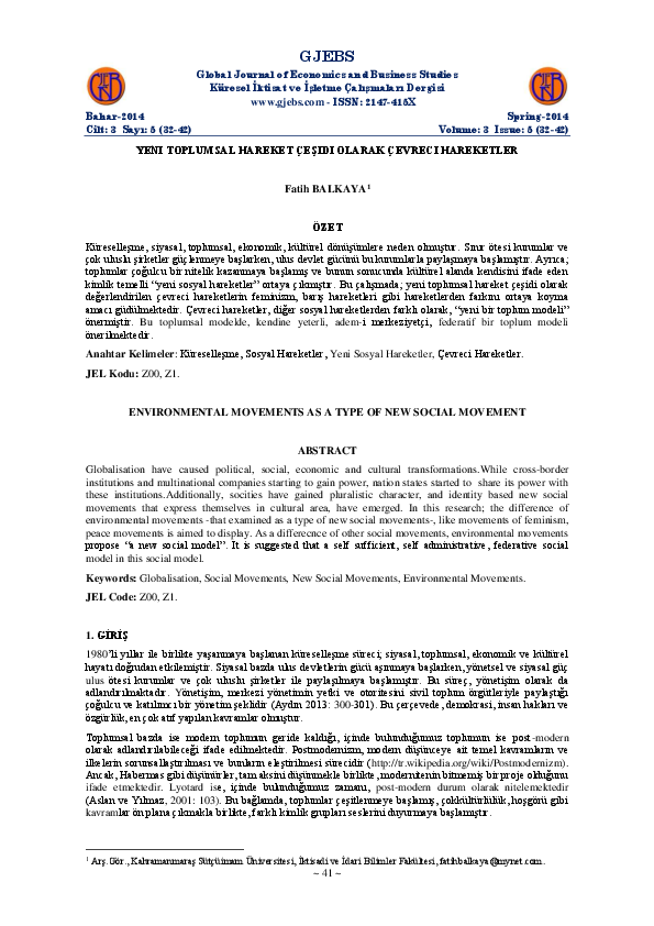 pdf yeni toplumsal hareket cesidi olarak cevreci hareketler fatih balkaya academia edu