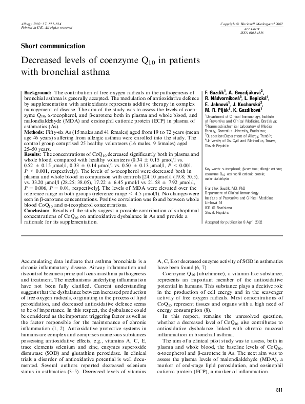 (PDF) Decreased levels of coenzyme Q10 in patients with bronchial