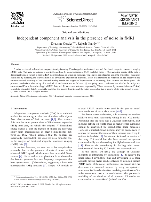 (PDF) Independent component analysis in the presence of noise in fMRI
