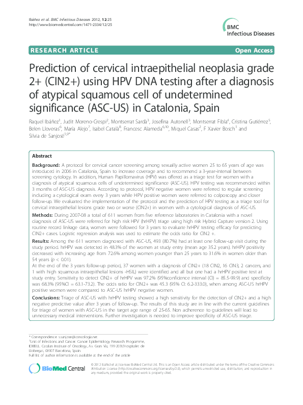 (PDF) Prediction of cervical intraepithelial neoplasia grade 2+ (CIN2 ...