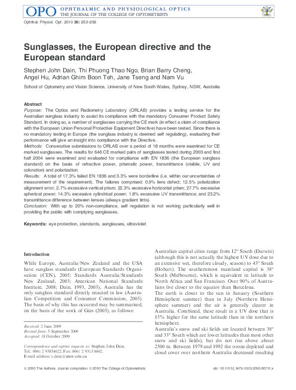 (PDF) Sunglasses, the European directive and the European standard