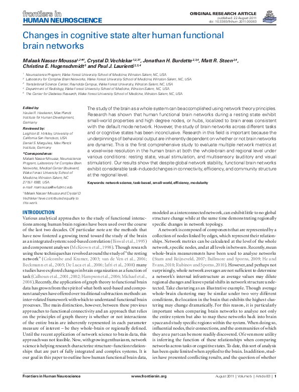 (PDF) Changes in cognitive state alter human functional brain networks