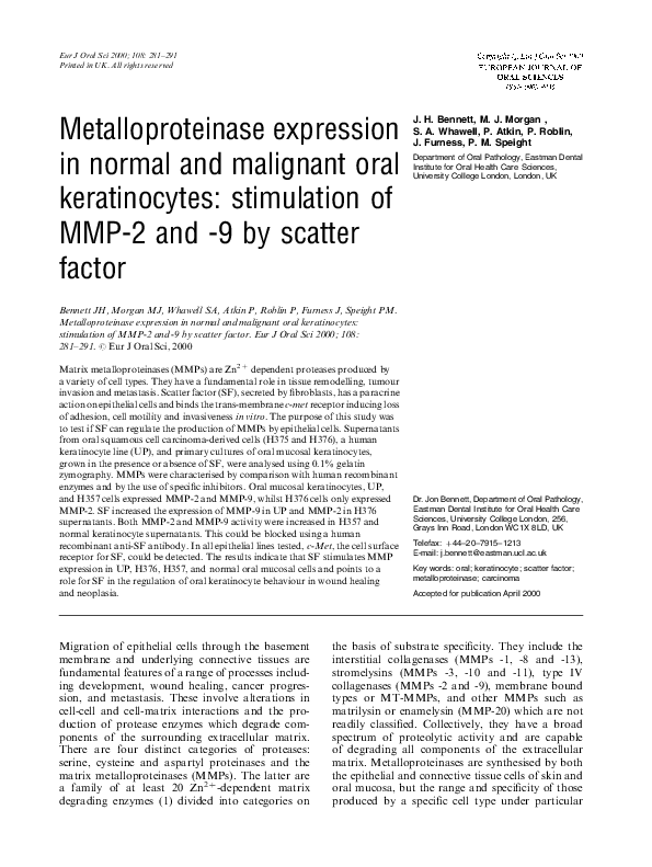 (PDF) Metalloproteinase expression in normal and malignant oral ...