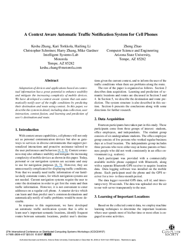 (PDF) A Context Aware Automatic Traffic Notification System for Cell Phones