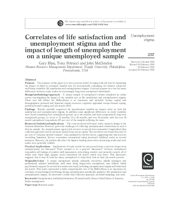 (PDF) Correlates of life satisfaction and unemployment stigma and the ...