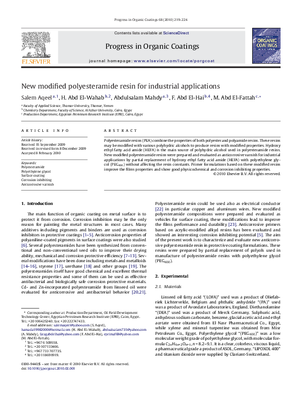 (PDF) New modified polyesteramide resin for industrial applications