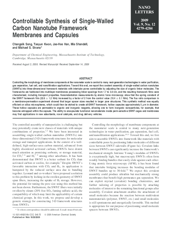 (PDF) Controllable Synthesis of Single-Walled Carbon Nanotube Framework ...