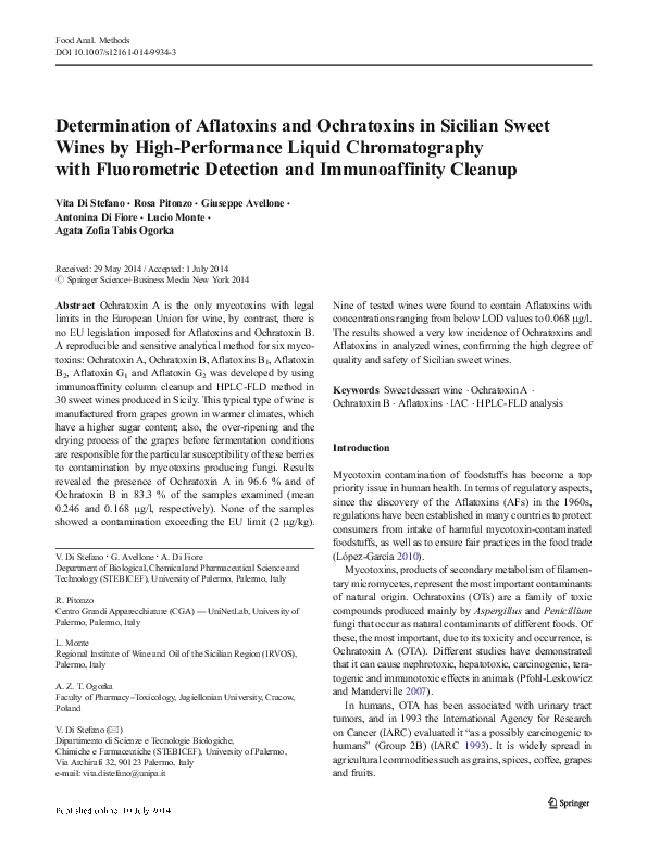 (PDF) Determination of Aflatoxins and Ochratoxins in Sicilian Sweet