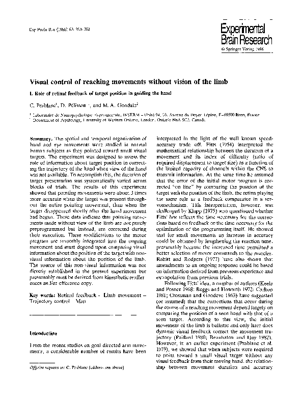 (PDF) Visual control of reaching movements without vision of the limb
