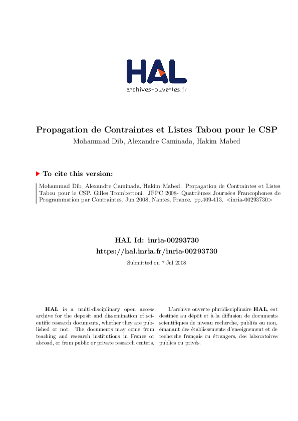 Pdf Propagation De Contraintes Et Listes Tabou Pour Le Csp